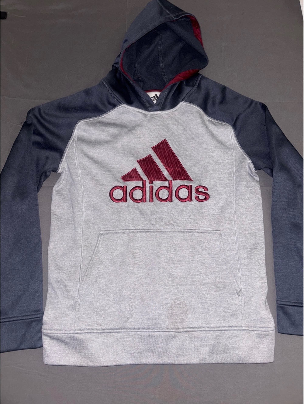 Adidas Youth XL 18/20 Hoodie Gray Navy Burgundy Big Logo Pullover Athletic